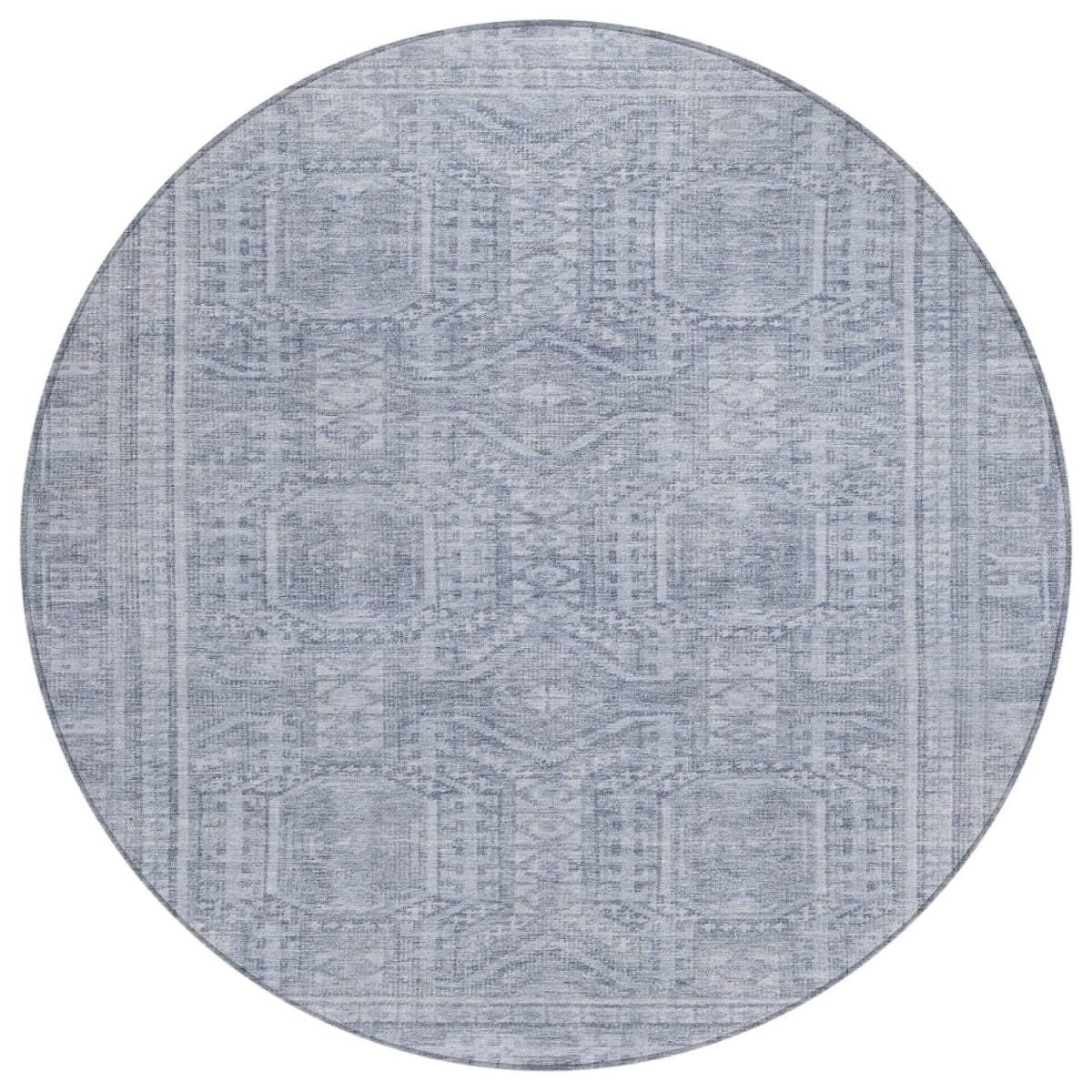 625938 8 ft. Sky Blue & Silver Geometric Washable Transitional Indoor & Outdoor Round Area Rug