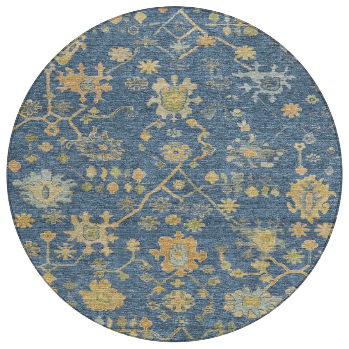 626232 8 ft. Navy Blue & Gold Floral Washable Traditional Indoor & Outdoor Round Area Rug