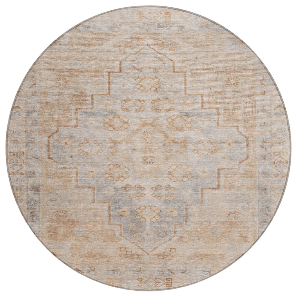 625848 8 ft. Copper & Beige Medallion Washable Transitional Indoor & Outdoor Round Area Rug