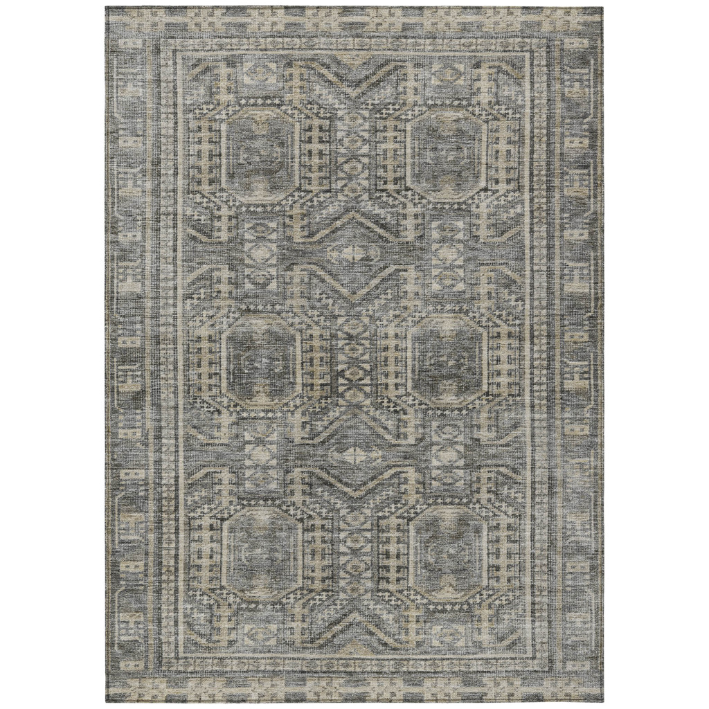625928 9 x 12 ft. Pewter & Beige Geometric Washable Transitional Indoor & Outdoor Rectangle Area Rug