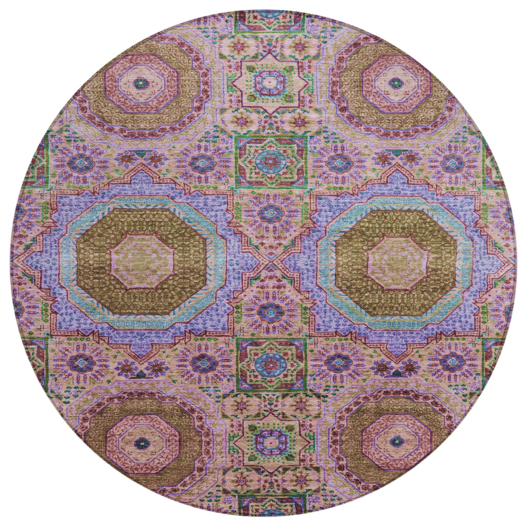 626016 8 ft. Pink & Teal Blue Medallion Washable Transitional Indoor & Outdoor Round Area Rug