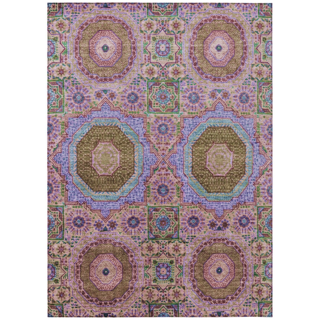 626019 10 x 14 ft. Pink & Teal Blue Medallion Washable Transitional Indoor & Outdoor Rectangle Area Rug