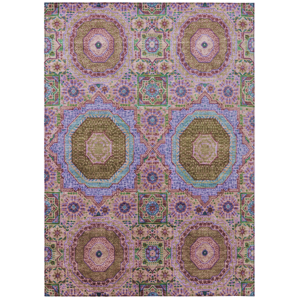 626018 9 x 12 ft. Pink & Teal Blue Medallion Washable Transitional Indoor & Outdoor Rectangle Area Rug