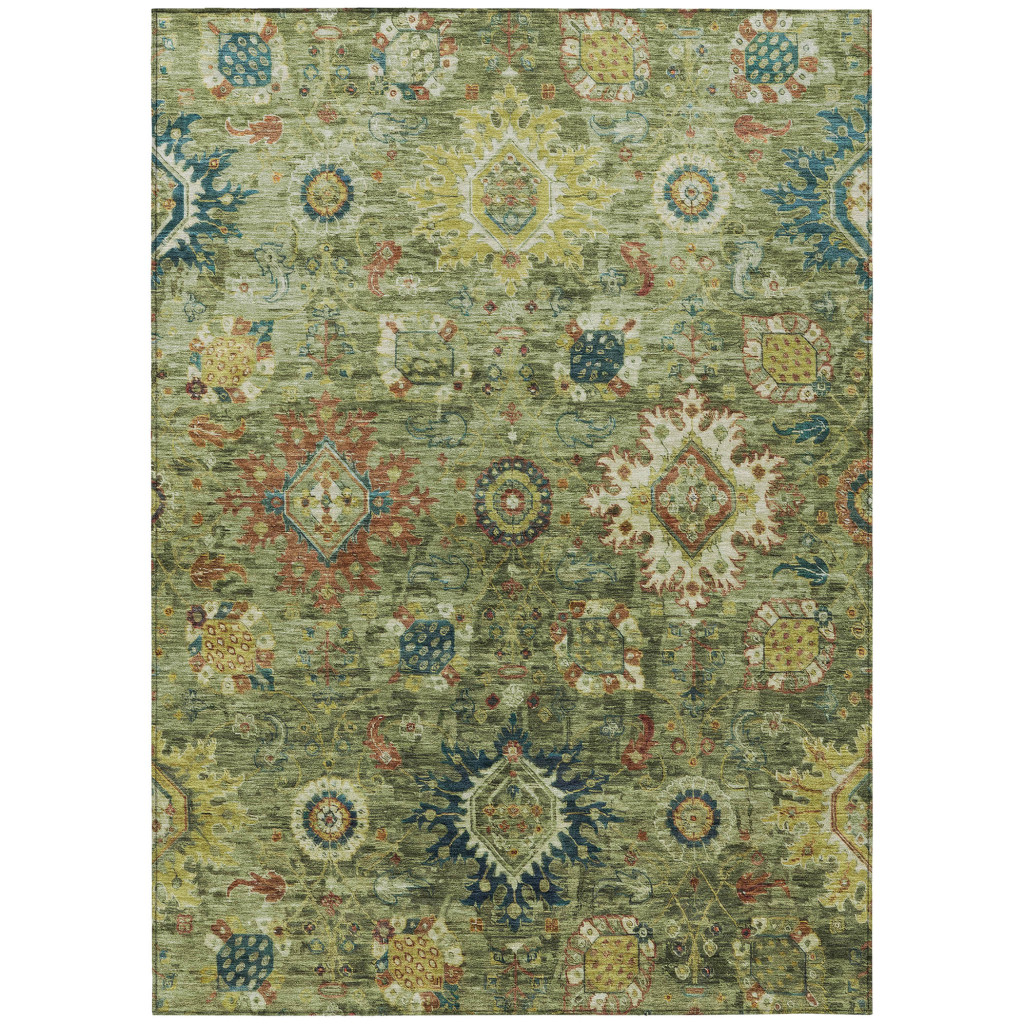 626121 10 x 14 ft. Artichoke Green Rust & Gold Floral Medallion Washable Traditional Indoor & Outdoor Rectangle Area Rug
