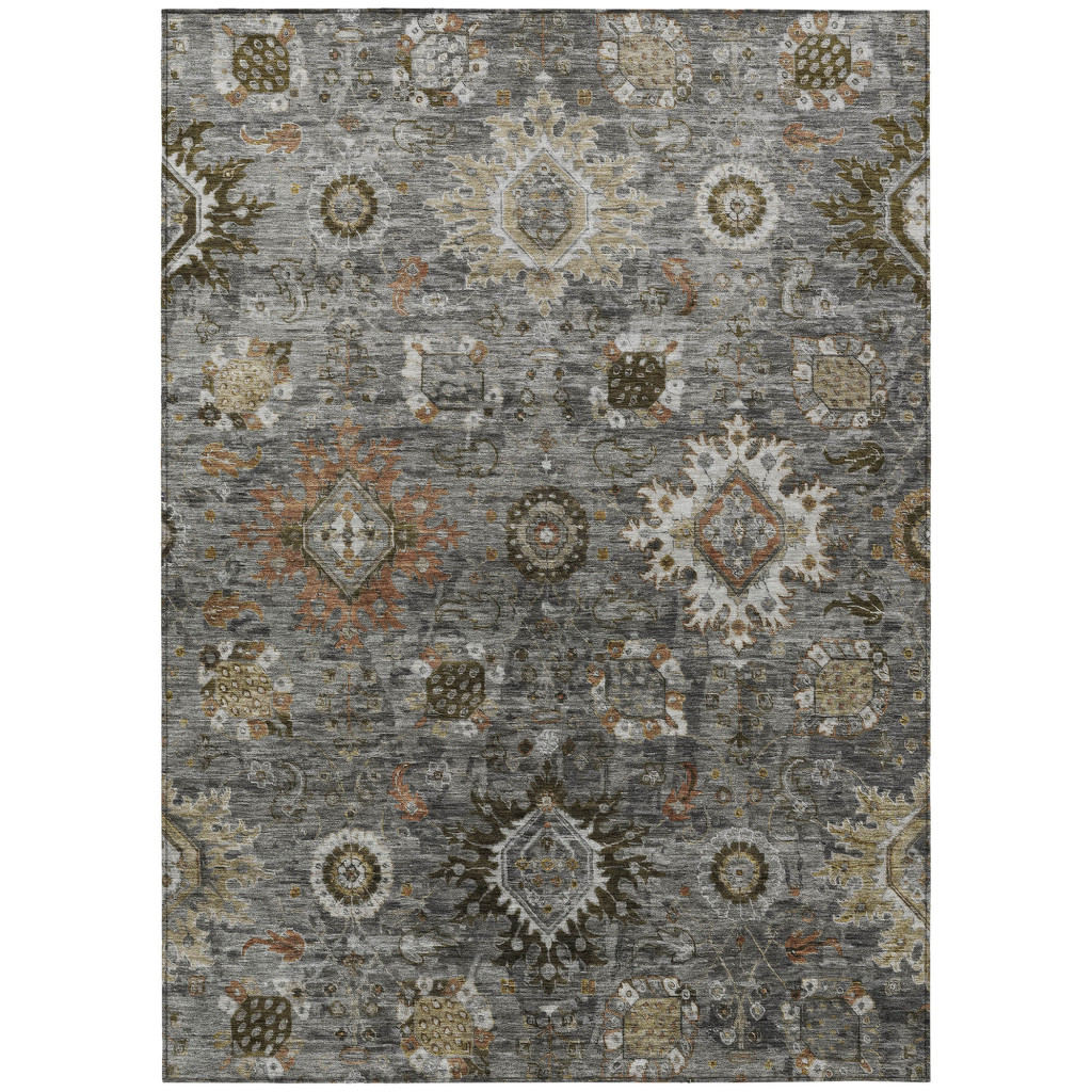 626144 9 x 12 ft. Pewter Beige & Gray Floral Medallion Washable Traditional Indoor & Outdoor Rectangle Area Rug