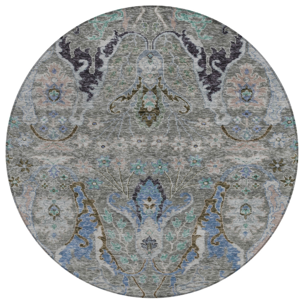 626298 8 ft. Pewter Blue & Gray Floral Washable Transitional Indoor & Outdoor Round Area Rug