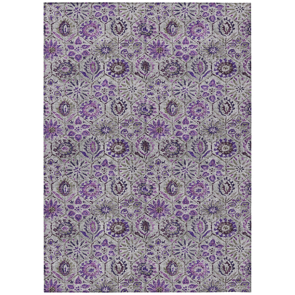 626517 10 x 14 ft. Purple & Gray Floral Washable Transitional Indoor & Outdoor Rectangle Area Rug