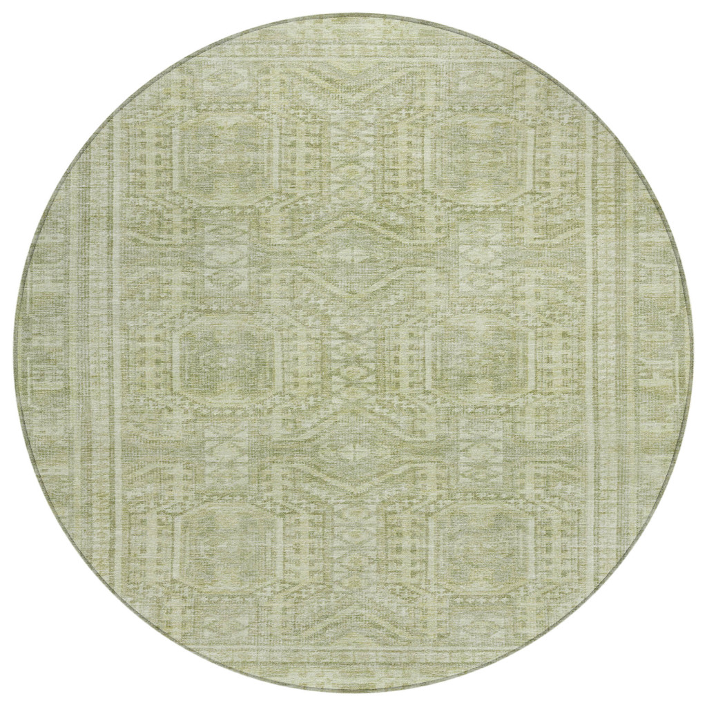 625932 8 ft. Sage & Ivory Geometric Washable Transitional Indoor & Outdoor Round Area Rug