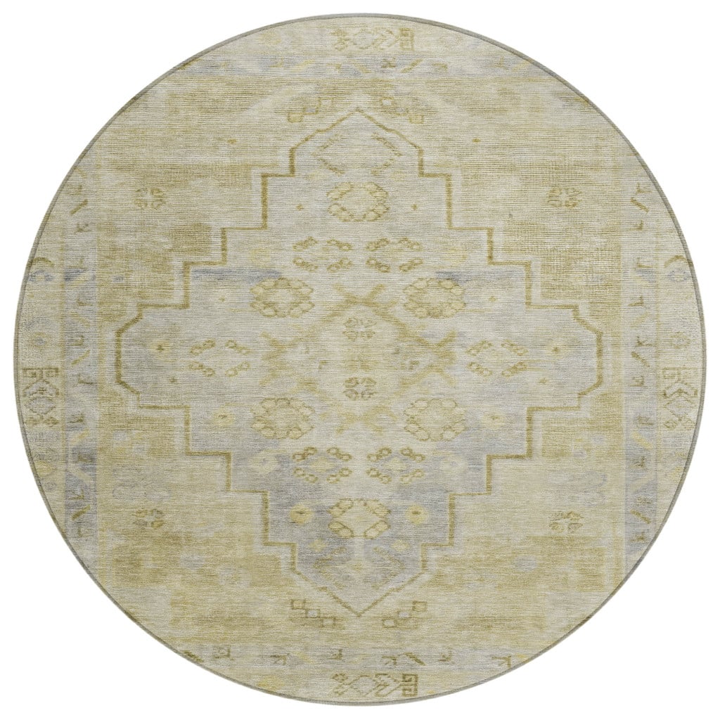 625854 8 ft. Gold & Beige Medallion Washable Transitional Indoor & Outdoor Round Area Rug
