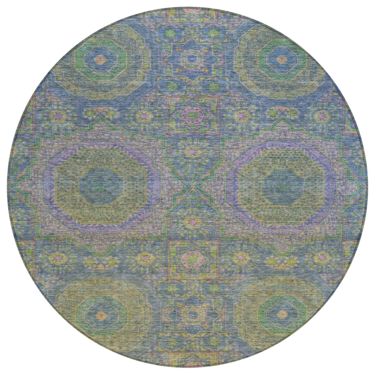 626004 8 ft. Blue & Green Medallion Washable Transitional Indoor & Outdoor Round Area Rug