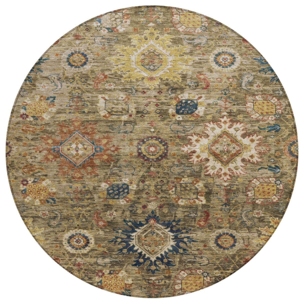 626130 8 ft. Brown, Beige & Navy Blue Floral Medallion Washable Traditional Indoor & Outdoor Round Area Rug