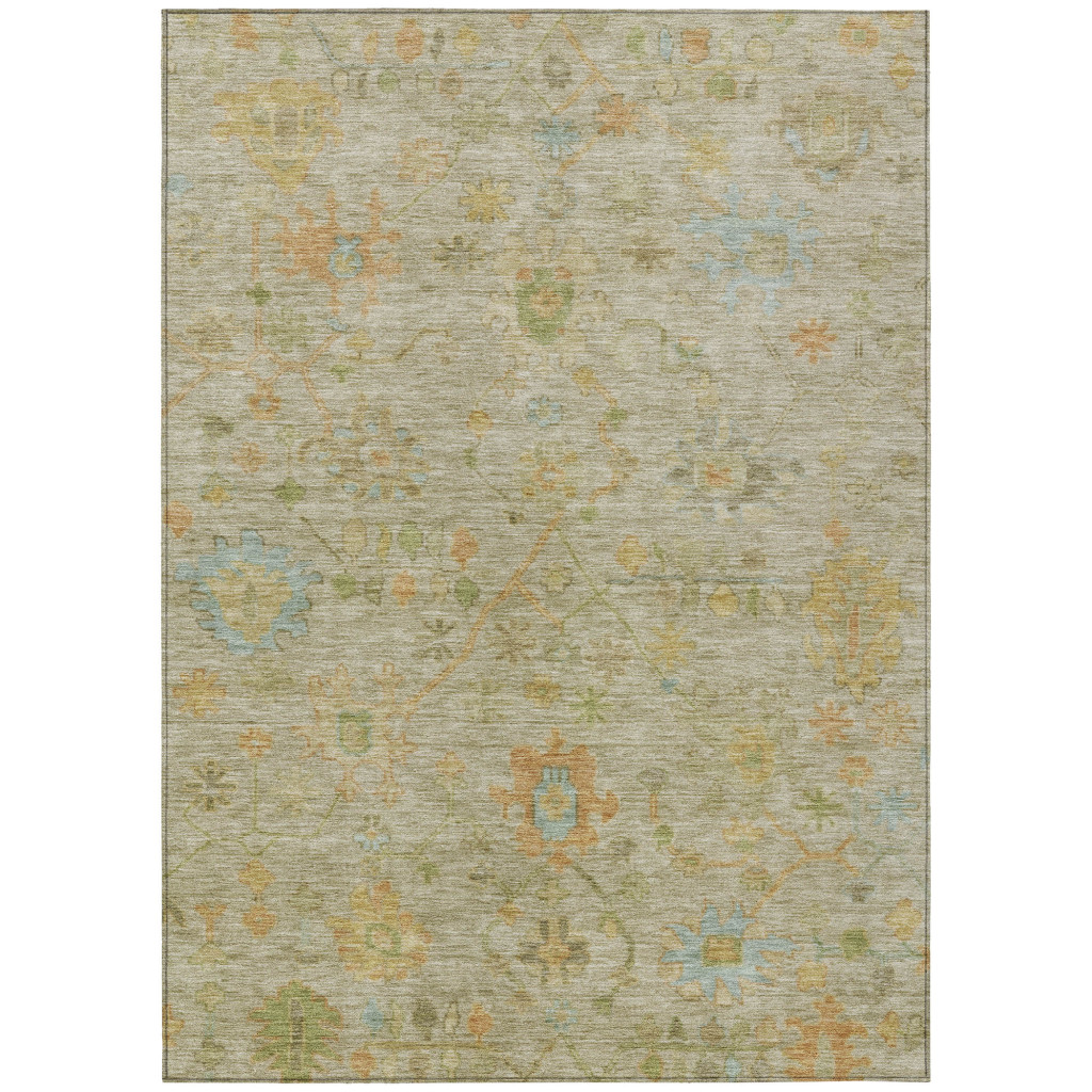 626229 10 x 14 ft. Khaki & Beige Floral Washable Traditional Indoor & Outdoor Rectangle Area Rug