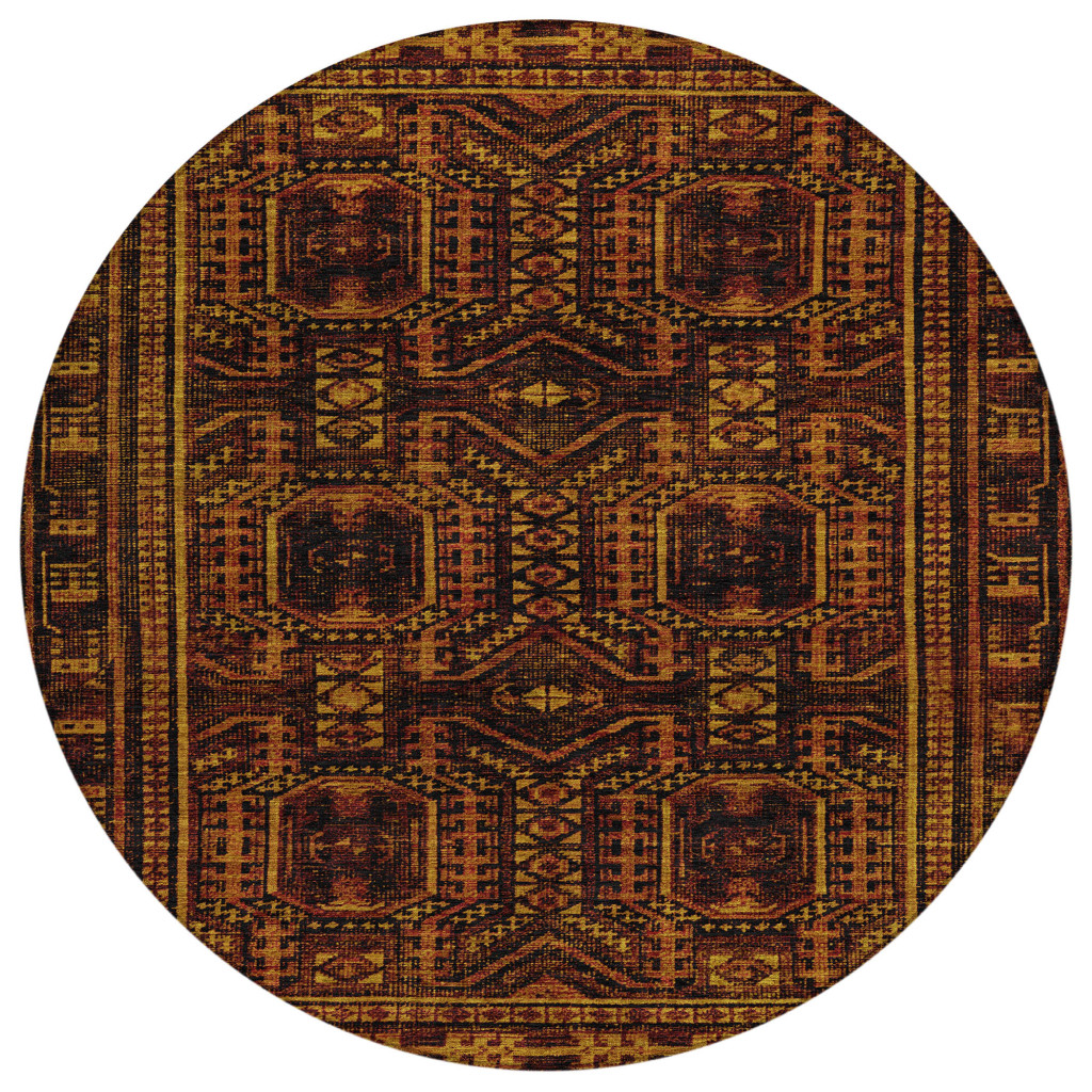 625920 8 ft. Rust & Gold Geometric Washable Transitional Indoor & Outdoor Round Area Rug