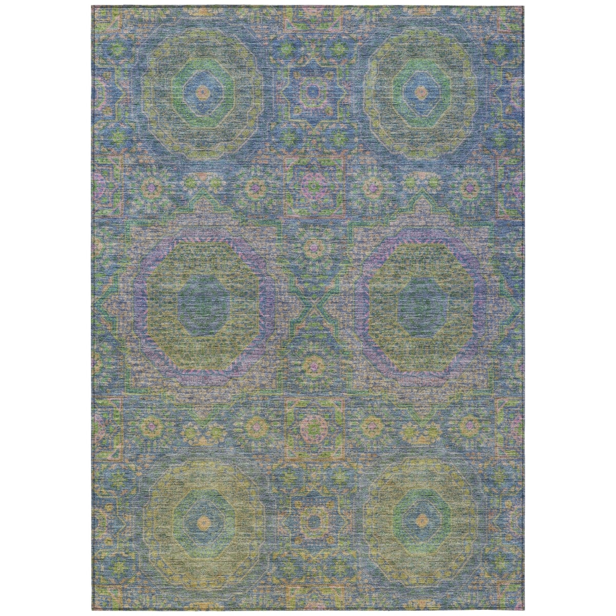 626006 9 x 12 ft. Blue & Green Medallion Washable Transitional Indoor & Outdoor Rectangle Area Rug
