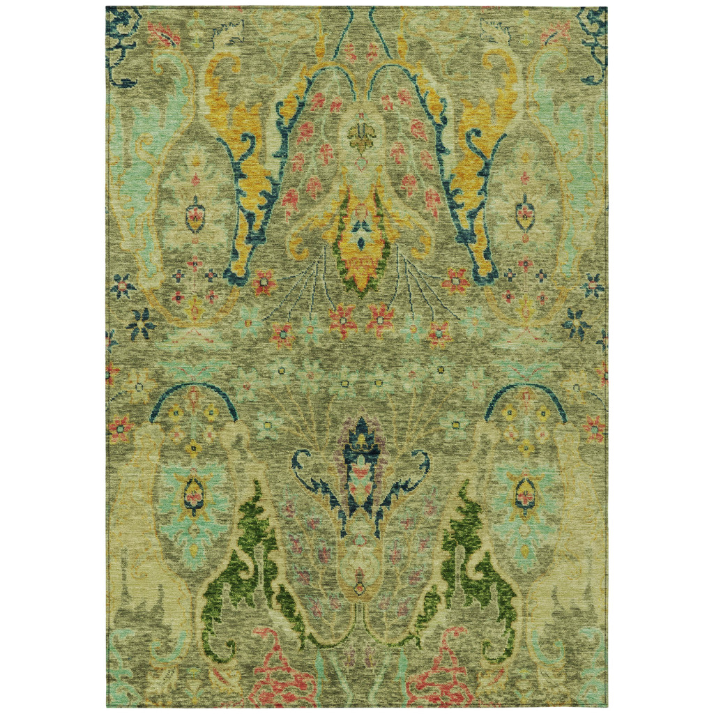 626278 3 x 5 ft. Green Gold & Pink Floral Washable Transitional Indoor & Outdoor Rectangle Area Rug
