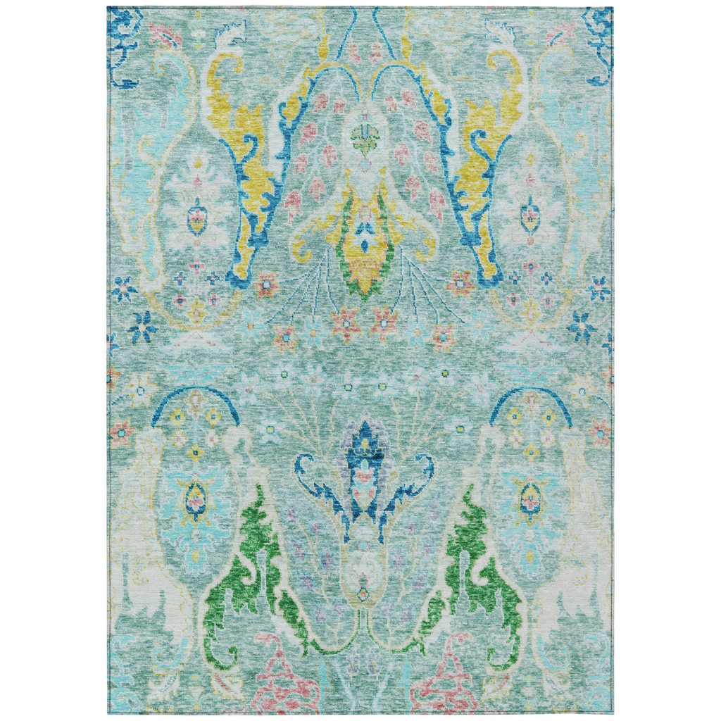 626307 10 x 14 ft. Teal Blue Yellow & Green Floral Washable Transitional Indoor & Outdoor Rectangle Area Rug