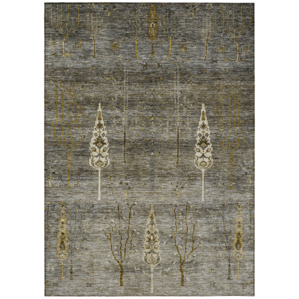 626000 9 x 12 ft. Pewter & Gold Floral Washable Transitional Indoor & Outdoor Rectangle Area Rug