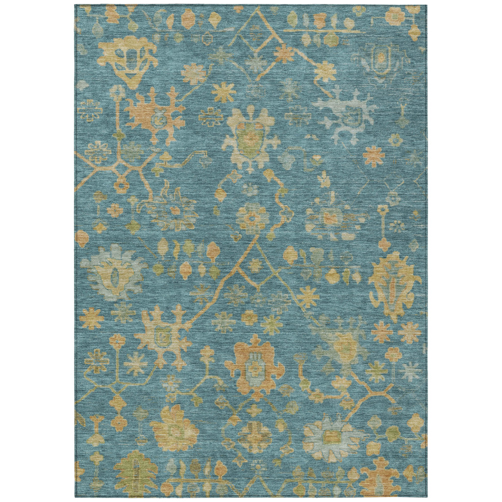 626252 9 x 12 ft. Teal, Blue & Gold Floral Washable Traditional Indoor & Outdoor Rectangle Area Rug
