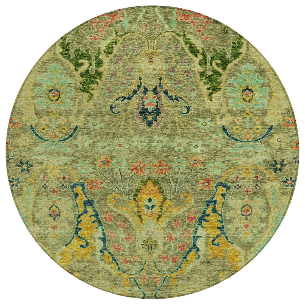 626280 8 ft. Green Gold & Pink Floral Washable Transitional Indoor & Outdoor Round Area Rug