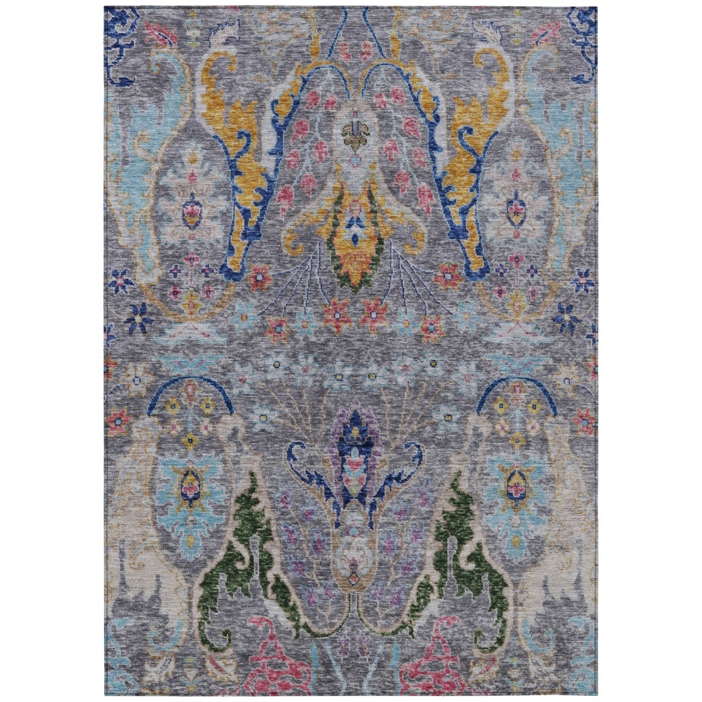 626285 5 x 8 ft. Gray Gold & Navy Blue Floral Washable Transitional Indoor & Outdoor Rectangle Area Rug