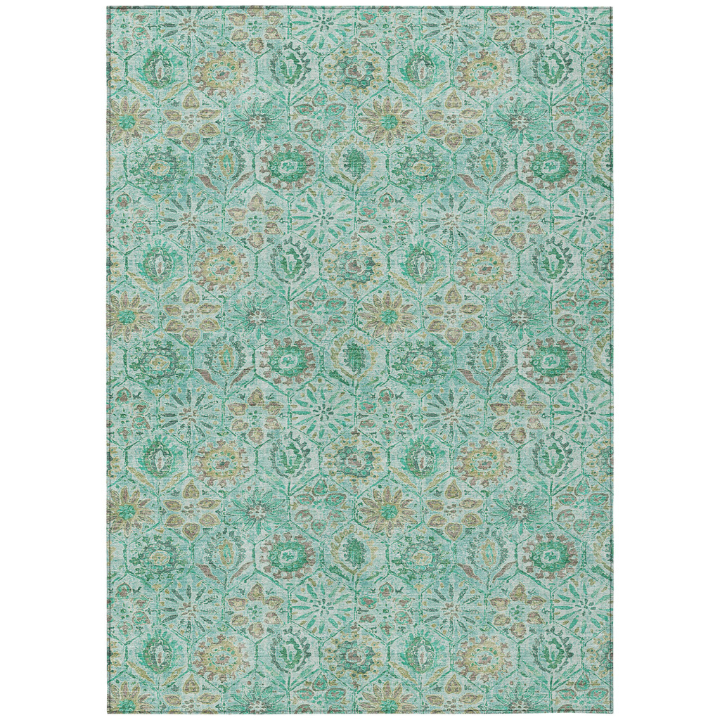 626492 9 x 12 ft. Aqua & Beige Floral Washable Transitional Indoor & Outdoor Rectangle Area Rug