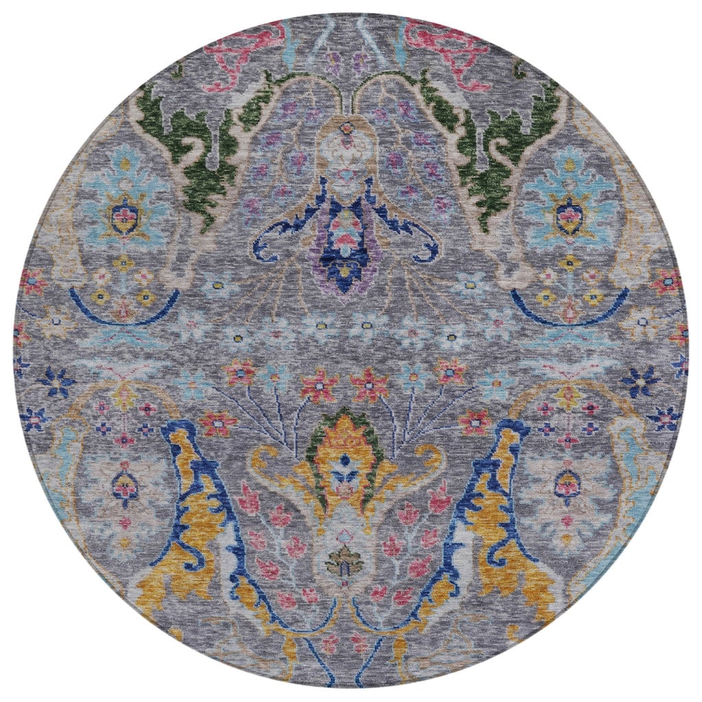 626286 8 ft. Gray Gold & Navy Blue Floral Washable Transitional Indoor & Outdoor Round Area Rug
