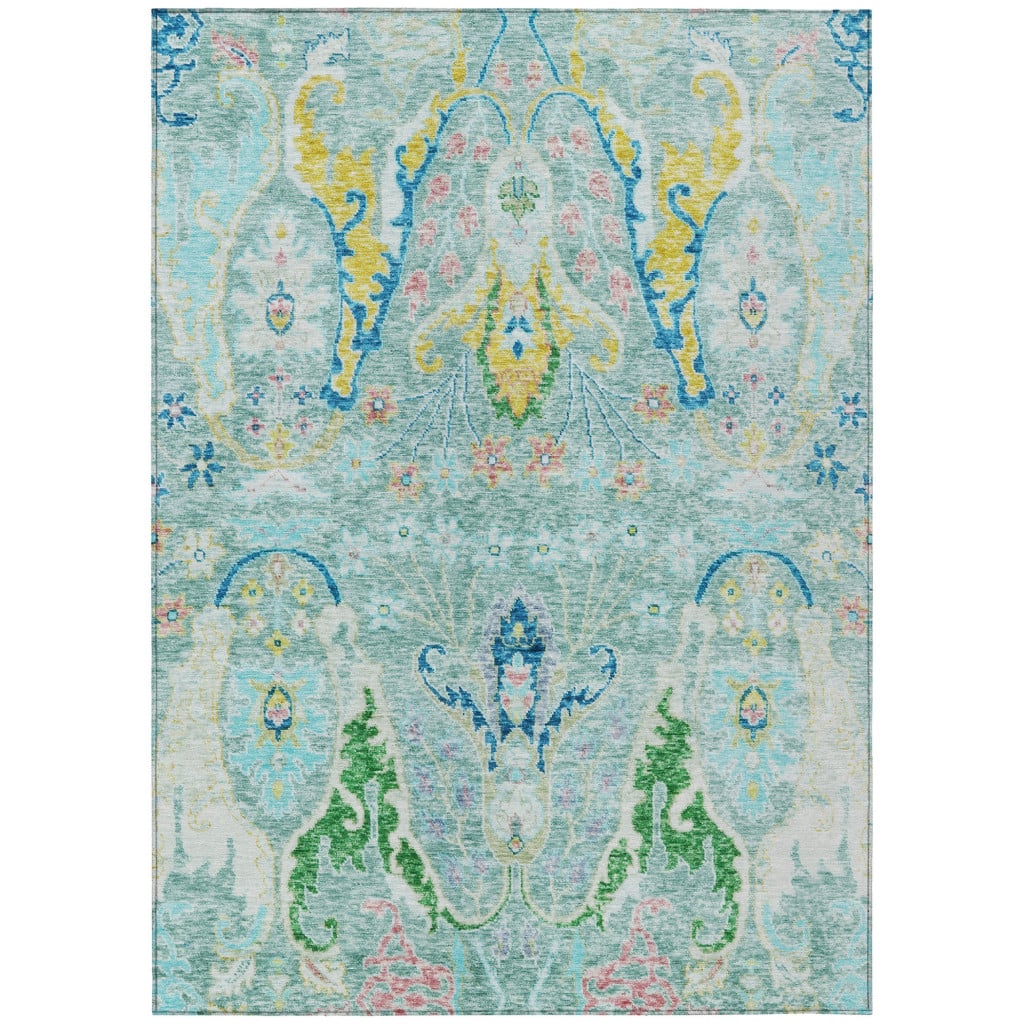 626302 3 x 5 ft. Teal Blue Yellow & Green Floral Washable Transitional Indoor & Outdoor Rectangle Area Rug