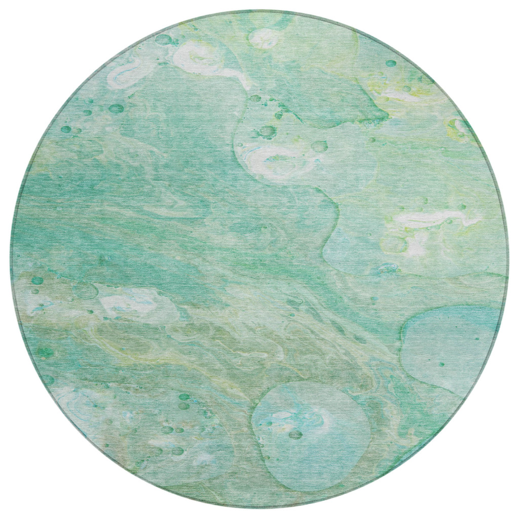 626698 8 ft. Teal Blue Mint Green & Ivory Abstract Washable Transitional Indoor & Outdoor Round Area Rug