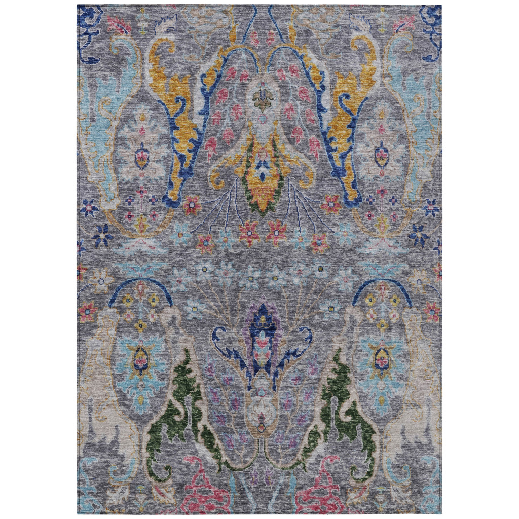 626288 9 x 12 ft. Gray Gold & Navy Blue Floral Washable Transitional Indoor & Outdoor Rectangle Area Rug