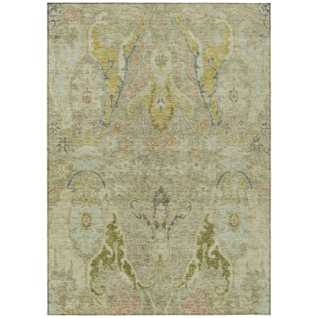 626294 9 x 12 ft. Khaki Gold & Beige Floral Washable Transitional Indoor & Outdoor Rectangle Area Rug