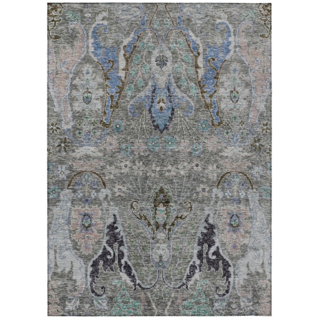 626300 9 x 12 ft. Pewter Blue & Gray Floral Washable Transitional Indoor & Outdoor Rectangle Area Rug