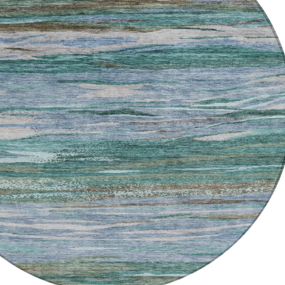 626334 8 ft. Teal Blue Khaki & Taupe Abstract Washable Transitional Indoor & Outdoor Round Area Rug