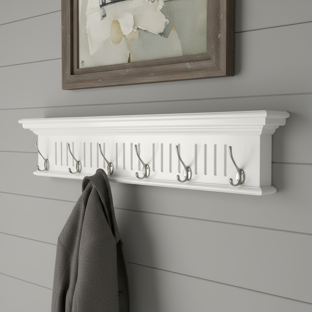 636371 7.87 x 39.37 x 3.94 in. White Solid Wood 6 Hook Wall Mount Coat Rack