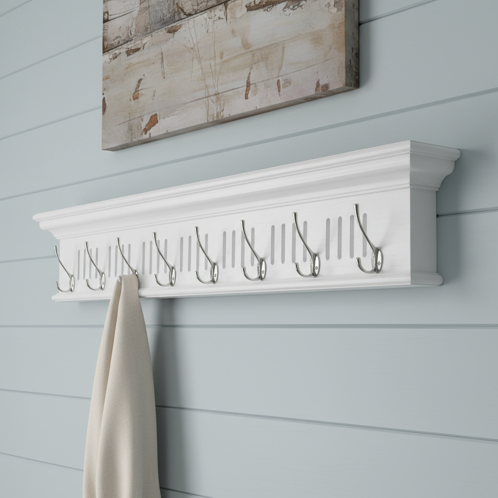 636374 7.87 x 51.18 x 3.94 in. White Solid Wood 8 Hook Wall Mount Coat Rack