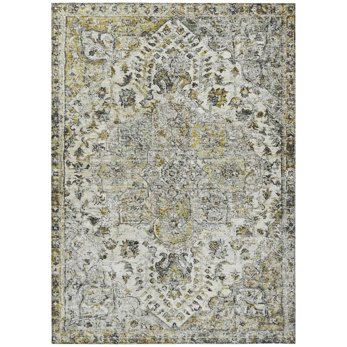 636785 10 x 14 ft. Beige, Ivory & Gold Floral Medallion Washable Traditional Indoor & Outdoor Rectangle Area Rug