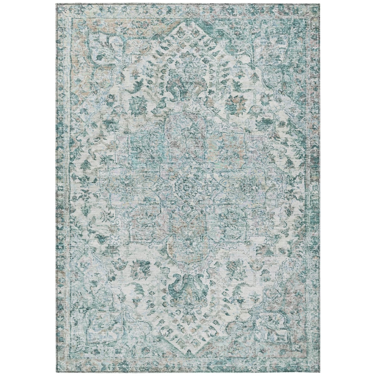 636809 10 x 14 ft. Teal Blue, Ivory & Pale Aqua Floral Medallion Washable Traditional Indoor & Outdoor Rectangle Area Rug