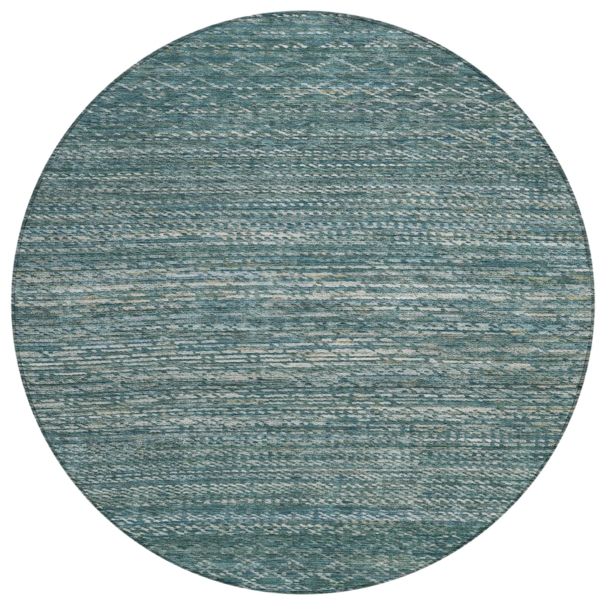 637214 8 ft. Teal, Blue & Ivory Striped Washable Transitional Indoor & Outdoor Round Area Rug