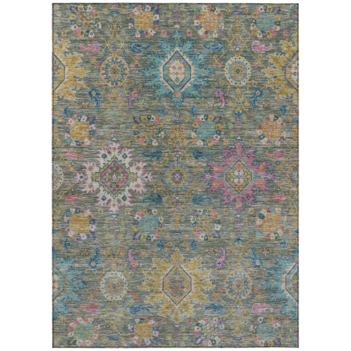 637222 9 x 12 ft. Artichoke Green Blush & Gold Medallion Washable Traditional Indoor & Outdoor Rectangle Area Rug