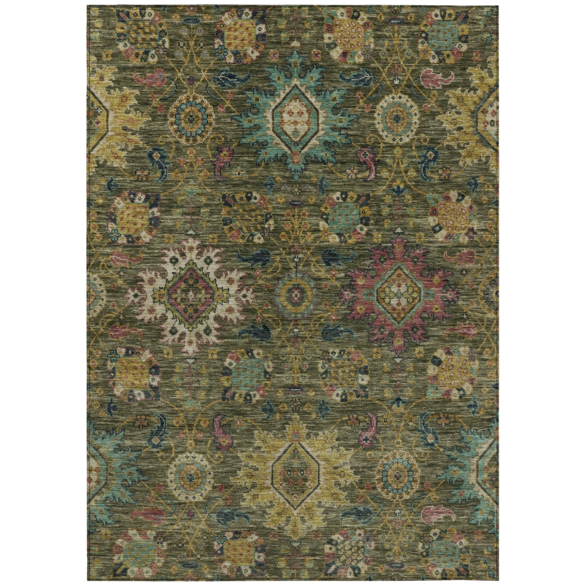 637252 9 x 12 ft. Olive Green Gold & Teal Blue Medallion Washable Traditional Indoor & Outdoor Rectangle Area Rug