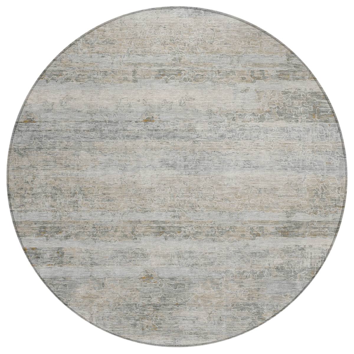 637304 8 ft. Granite Gray & Silver Striped Washable Transitional Indoor & Outdoor Round Area Rug