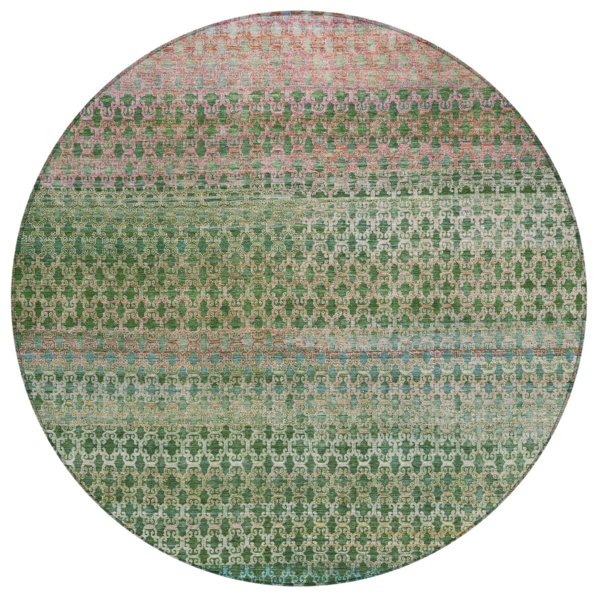 637400 8 ft. Artichoke Green & Blush Abstract Washable Transitional Indoor & Outdoor Round Area Rug