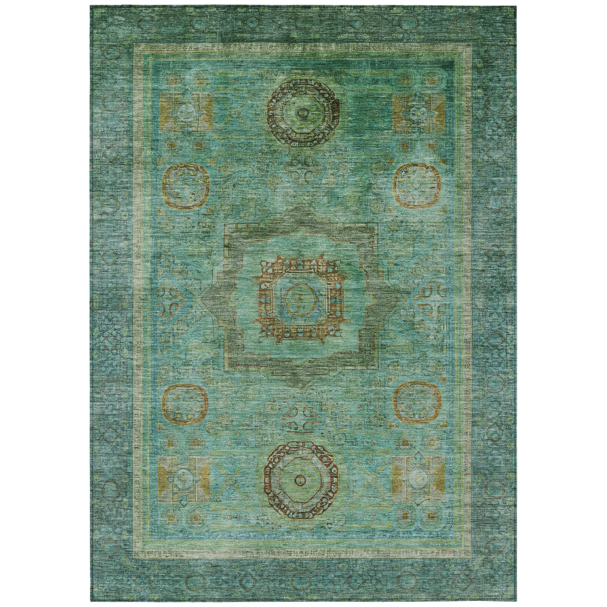637427 10 x 14 ft. Green Copper & Teal Blue Oriental Washable Traditional Indoor & Outdoor Rectangle Area Rug