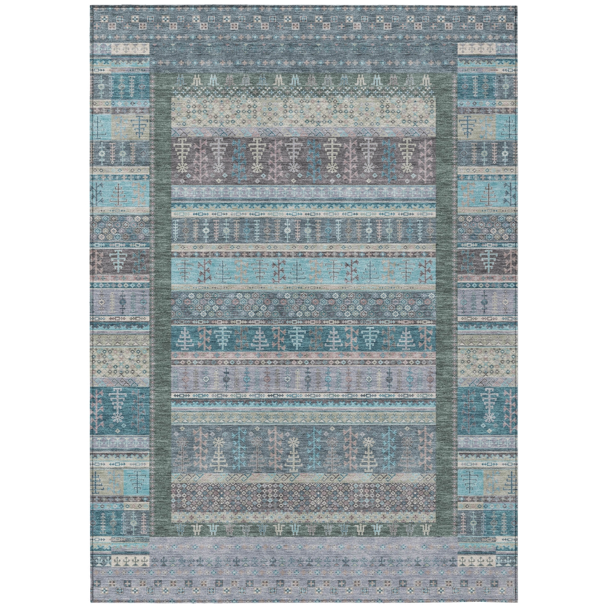 637474 9 x 12 ft. Teal, Blue & Beige - Pale Aqua Striped Washable Transitional Indoor & Outdoor Rectangle Area Rug