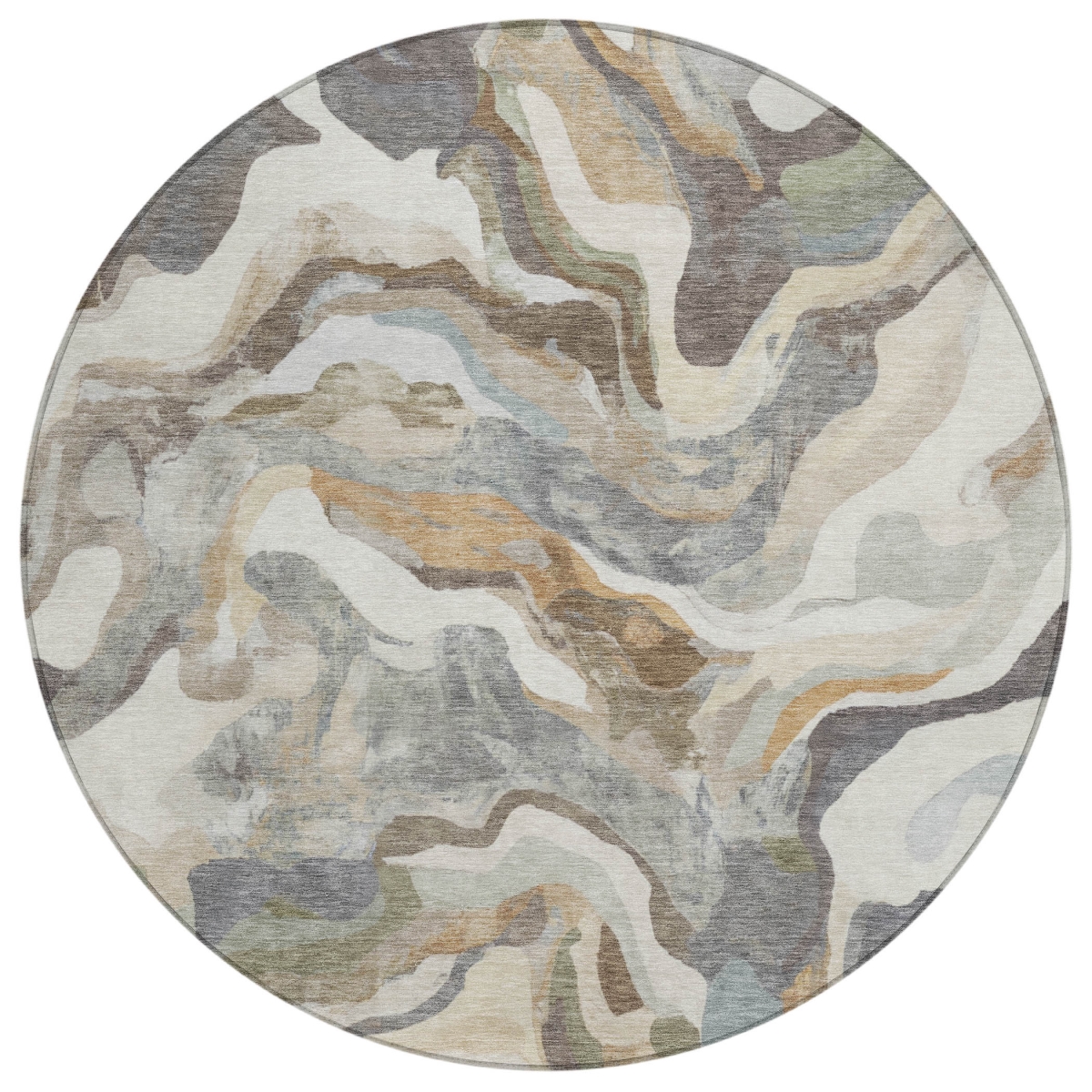637520 8 ft. Khaki Ivory & Beige Abstract Washable Transitional Indoor & Outdoor Round Area Rug