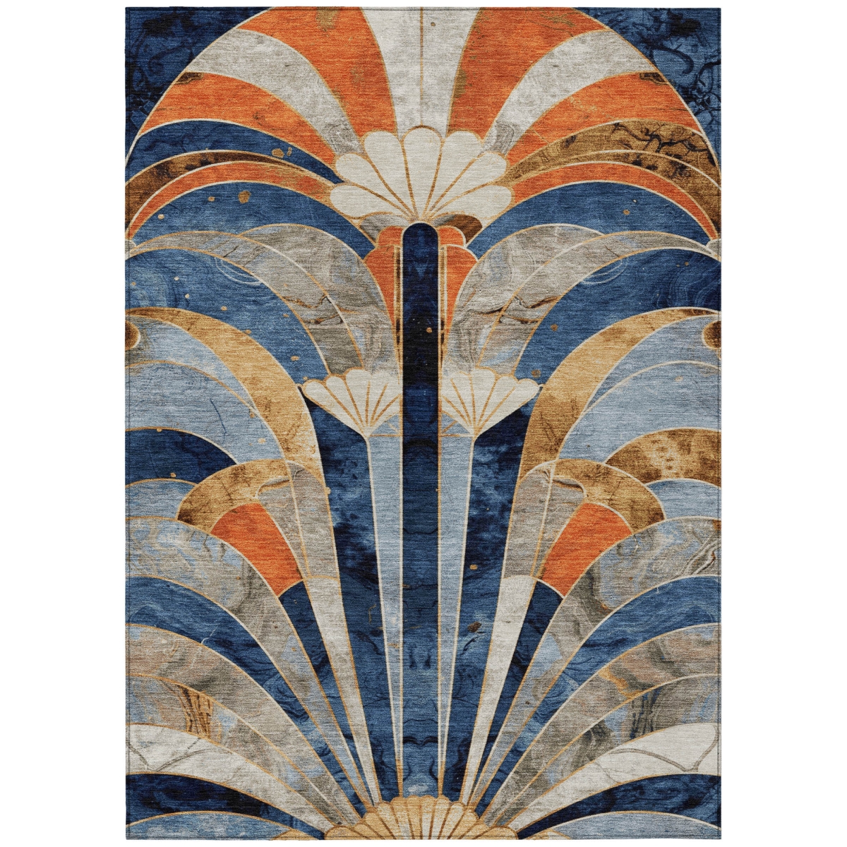 637911 5 x 8 ft. Navy Blue Orange & Ivory Geometric Washable Transitional Indoor & Outdoor Rectangle Area Rug