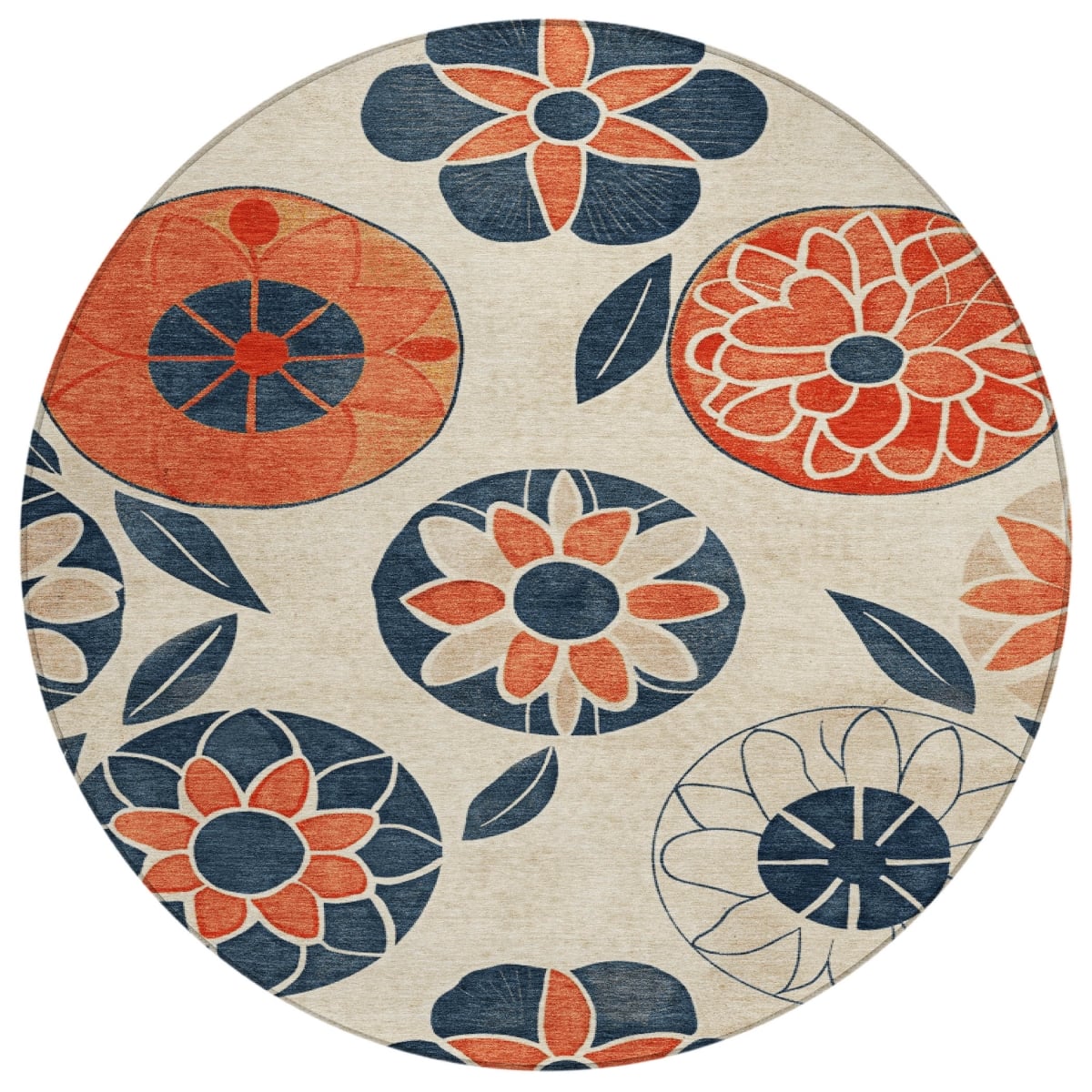 637925 8 ft. Beige Coral & Navy Blue Floral Washable Transitional Indoor & Outdoor Round Area Rug
