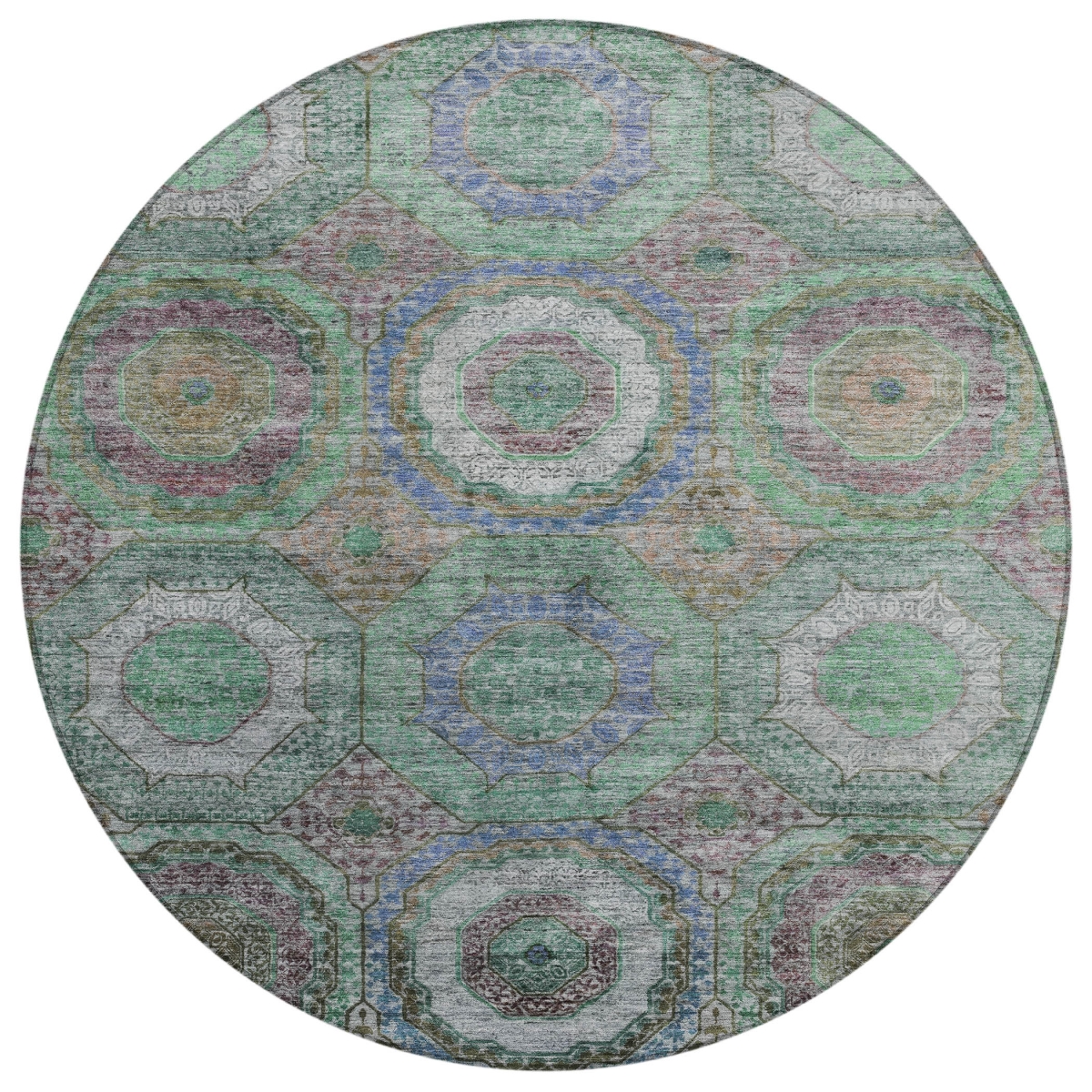 630185 8 ft. Green Charcoal & Purple Geometric Washable Transitional Indoor & Outdoor Round Area Rug