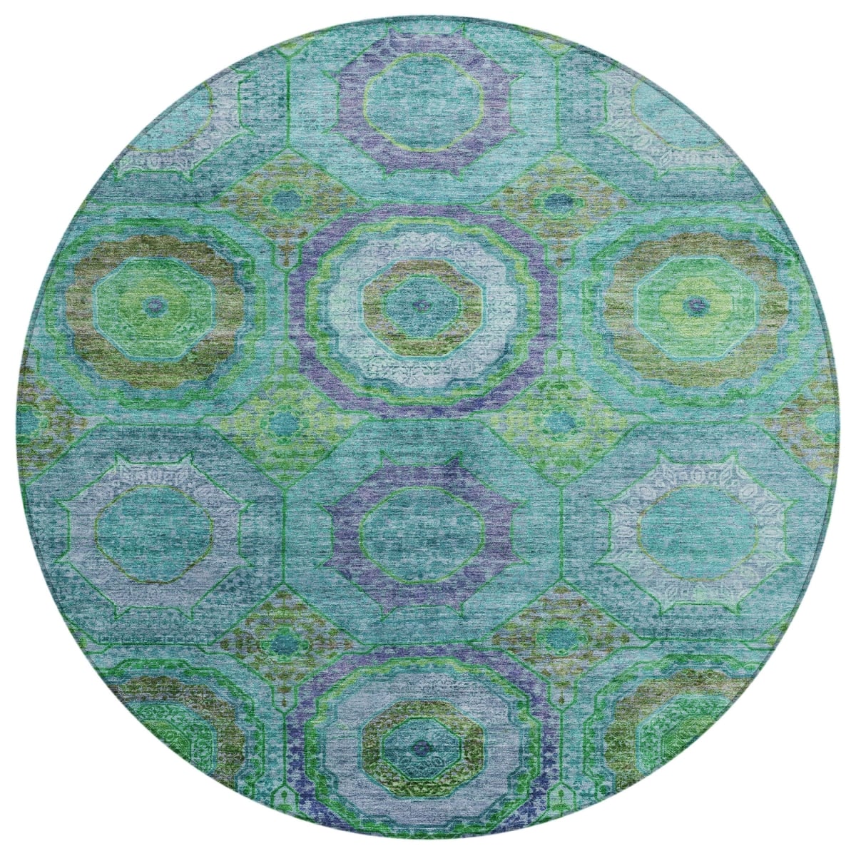 630209 8 ft. Teal Blue Lime Green & Purple Geometric Washable Transitional Indoor & Outdoor Round Area Rug