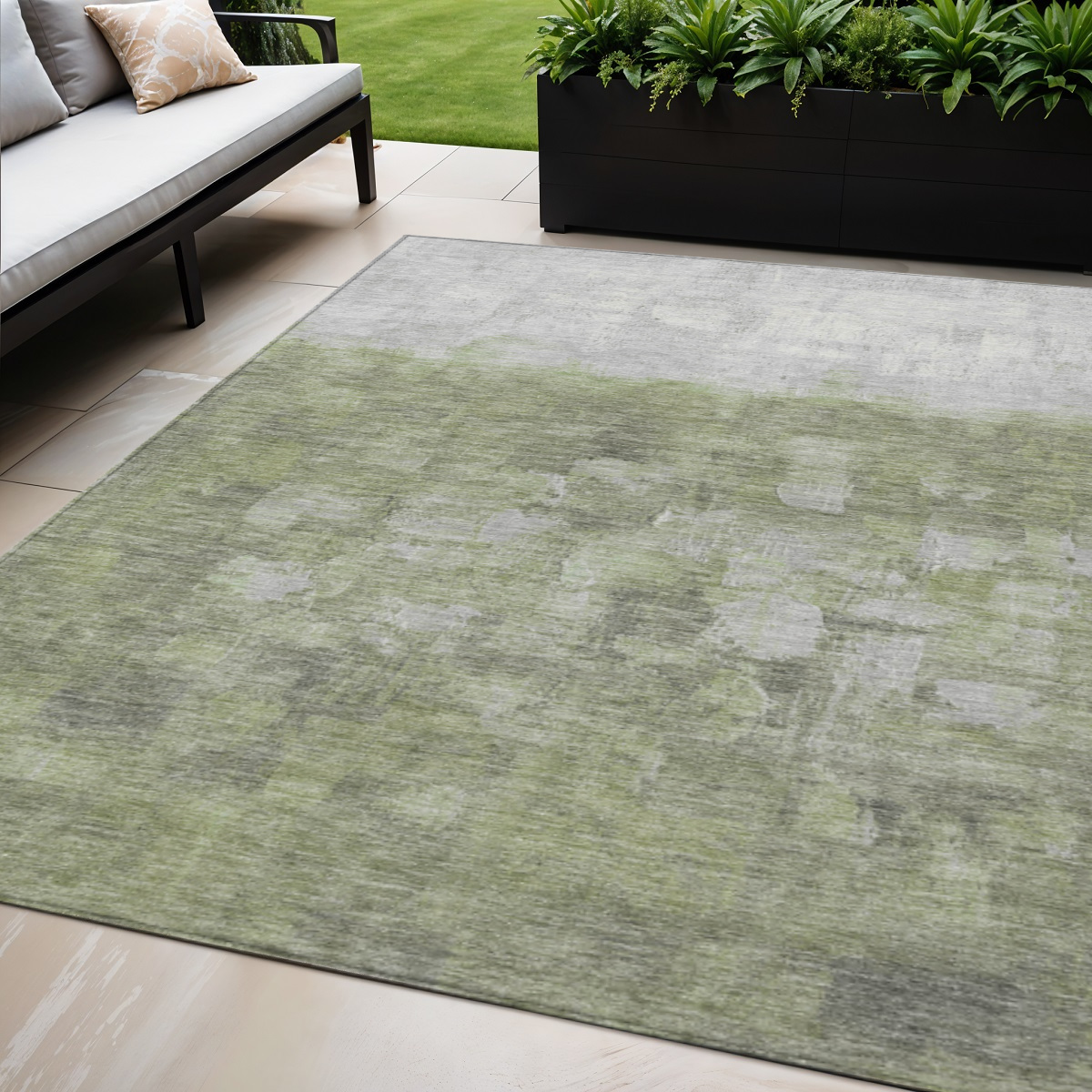 632072 5 x 8 ft. Fern Green & Silver Abstract Washable Transitional Indoor & Outdoor Rectangle Area Rug