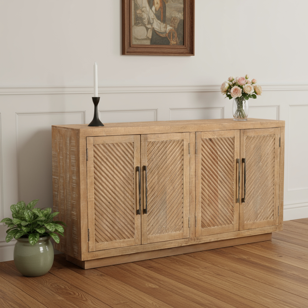 634317 72 in. Distressed Solid Wood Carved Geometric Sideboard with Four Doors, Natural